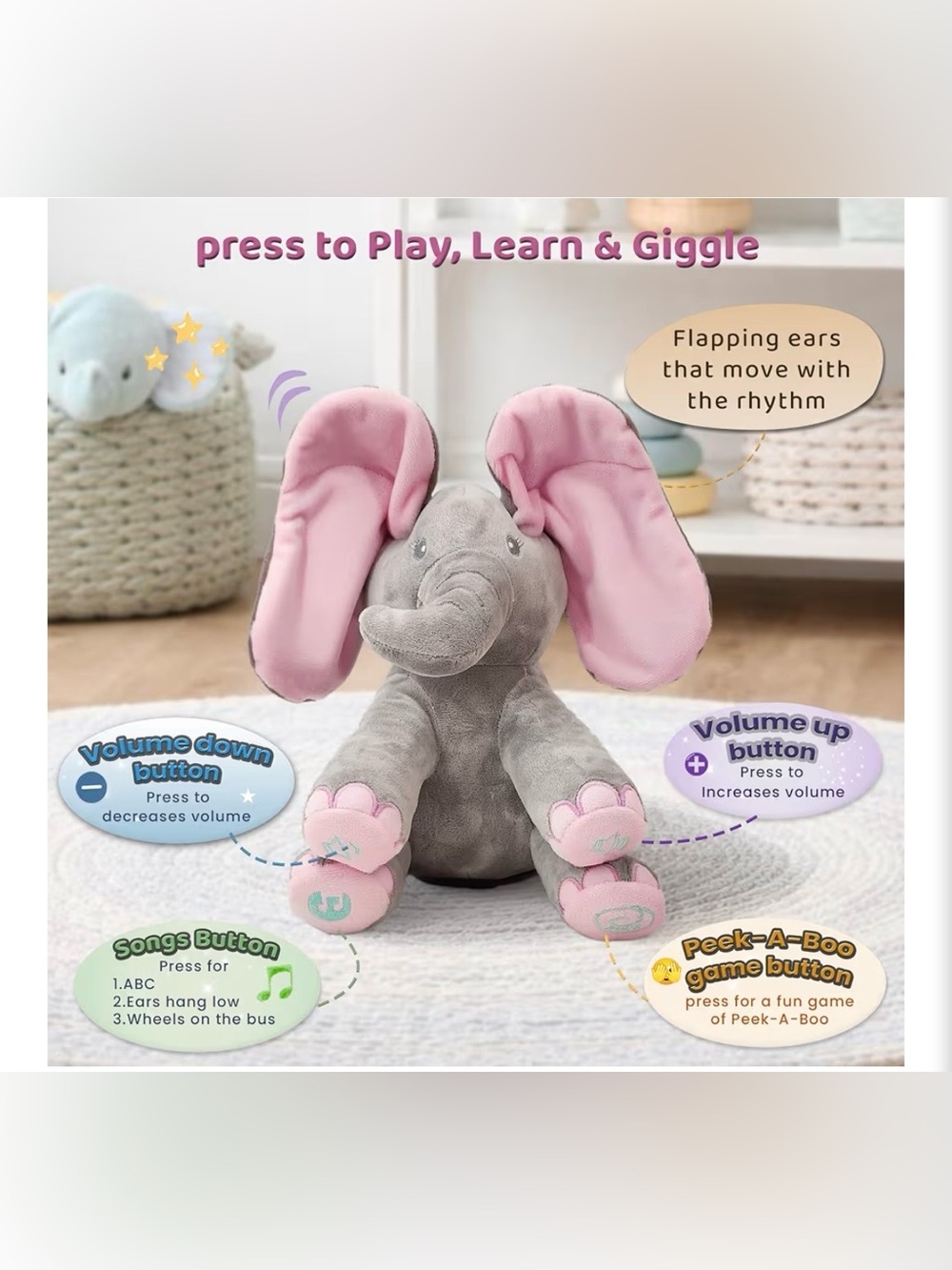 Dimple Kaia Peek-A-Boo Elephant Interactive Singing Plush Toy NWT - Picture 7 of 12